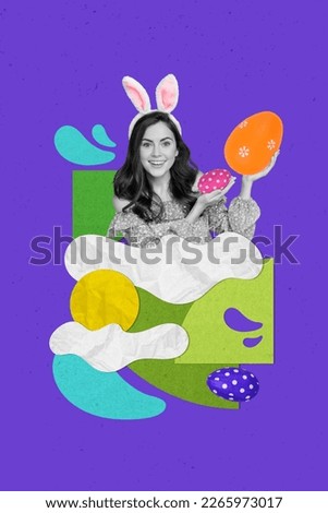 Invitation banner card collage of pretty young lady in theme easter hare costume hold painting eggs advertise discounts Royalty-Free Stock Photo #2265973017