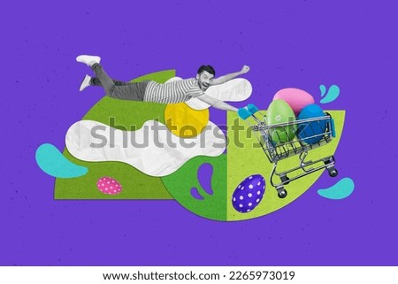 Poster invitation collage of special easter offer advert crazy man levitate with shopping cart hurry buy painted eggs