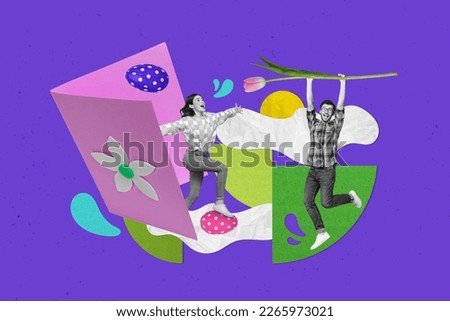 Creative poster invitation collage of two people wife husband prepare flower greeting card celebrate easter event