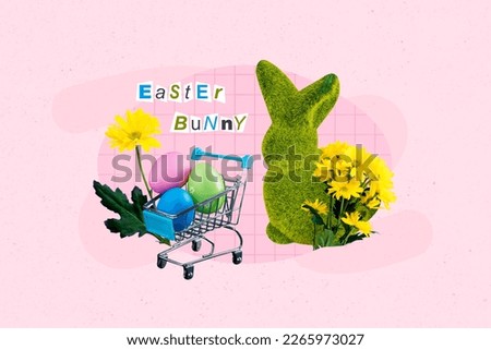 Invitation card picture collage ester advertising concept with grass green bunny buying color sweet eggs