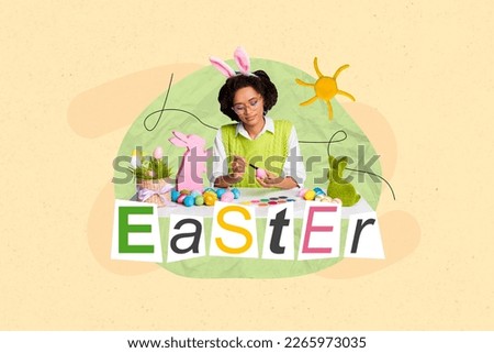 Creative greeting poster collage of young lady wear bunny costume advertise easter seminar painting color eggs