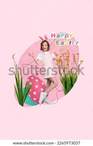 Creative cute easter template collage of sweet young kid girl dream season character bunny prepare color eggs hunt