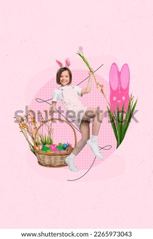 Creative invitation picture collage of cute funny kid have fun theme easter party bunny costume collect chocolate eggs