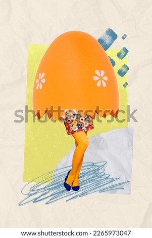 Creative invitation poster collage of beautiful lady in retro pop clothes hide in painted easter eggshell celebrate festival