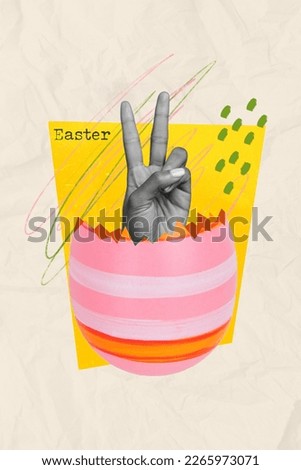 Creative postcard template collage of easter present opening showing v sign with human hands welcome season sale event
