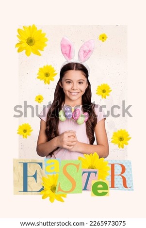 Magazine creative picture postcard collage of young kid girl rabbit character holding delicious easter sweets