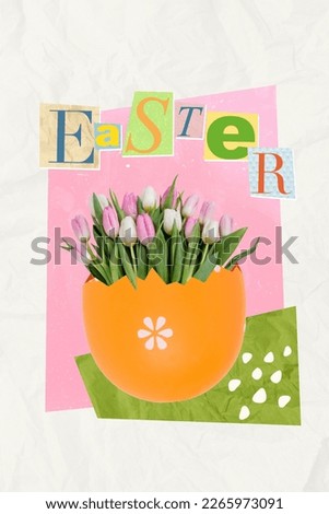 Creative banner poster collage of decorative flower pot easter colorful eggs with blossoming flower present