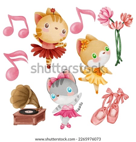 Cute Ballet Cat Dance watercolor illustration Character Design for Baby shower Birthday Card 