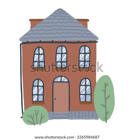House clip art. Home facade with doors, windows, trees. Lovely residential building. Modern flat vector illustration isolated on white.