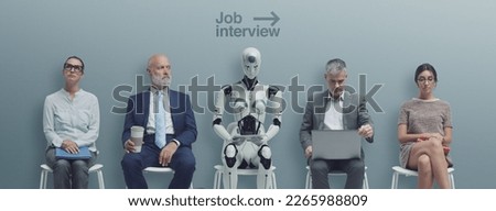 Business people and humanoid AI robot sitting and waiting for a job interview: AI vs human competition Royalty-Free Stock Photo #2265988809