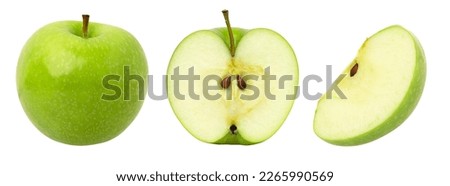green apple fruit, halves, and slice isolated on white background, fresh green apple fruit, collection. Royalty-Free Stock Photo #2265990569
