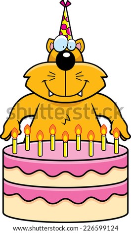 A cartoon illustration of a cat with a birthday cake.