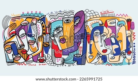 Large group of various people abstract modern, line, shapes, doodle, hand drawn vector illustration.