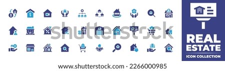 Real estate icon collection. Duotone color. Vector illustration. Containing transaction, real estate, home, insurance, management, cycle, property, search house, house, discount, sharing, billboard.