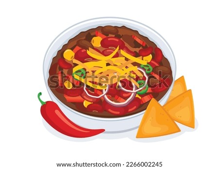 Chili con carne bowl vector illustration. Traditional Mexican spicy dish Chili with meat, beans, cheese and nacho chips icon vector isolated on white background Royalty-Free Stock Photo #2266002245