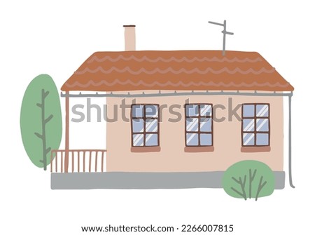 House clip art. Home facade with doors, windows, trees. Lovely residential building. Modern flat vector illustration isolated on white.