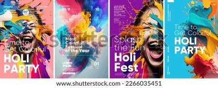 Holi, great design for any purposes. Set of vector illustrations. Happy festive background. Festive banner. Typography design and vectorized 3D illustrations on the background. Royalty-Free Stock Photo #2266035451