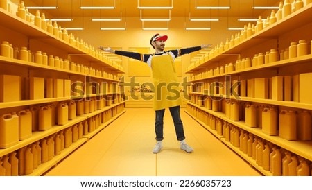 Emotional salesman, seller and shop assistant in professional uniform standing at store department and present new goods. 3D model of shop, supermarket. Big sales, discount, ad concept Royalty-Free Stock Photo #2266035723
