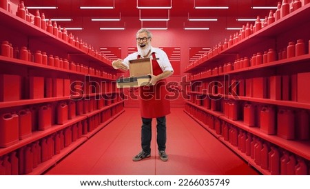 Emotional salesman, seller and shop assistant in professional uniform standing at store department and present new goods. 3D model of shop, supermarket. Big sales, discount, ad concept