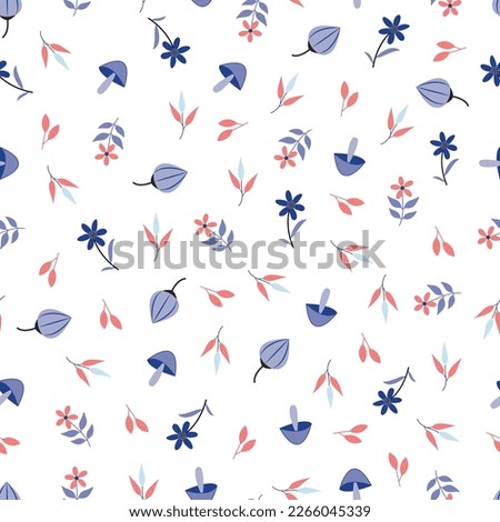 Aesthetic ditsy floral seamless surface pattern design. Exquisite bunch of blooming wildflowers and branches of leaves. Allover printed textured background. Dainty multicolour floral arrangement 