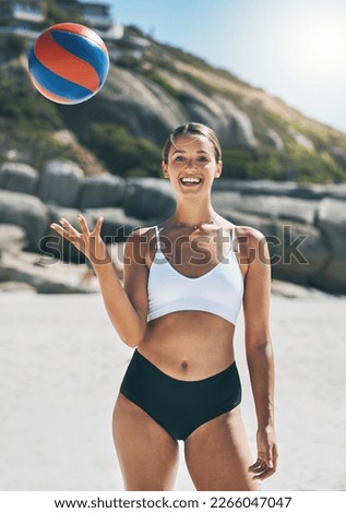 Volleyball portrait, beach sports and woman with smile during game at the ocean with ball on holiday in Mexico. Happy girl playing in sport match in a bikini by the sea during vacation in summer