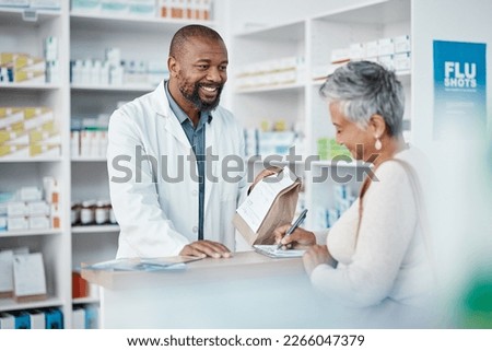 Healthcare, pharmacist and woman at counter with medicine or prescription drugs sales at drug store. Health, wellness and medical insurance, black man and customer at pharmacy for advice and pills. Royalty-Free Stock Photo #2266047379