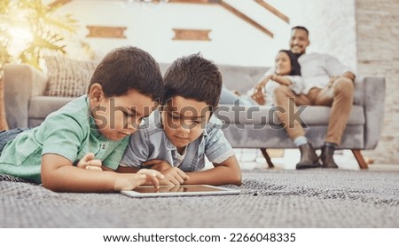 Children with tablet, games or streaming with parents at family home, gaming with technology or video watching. Internet, wifi and childhood, mother and father relax with boys and screen time
