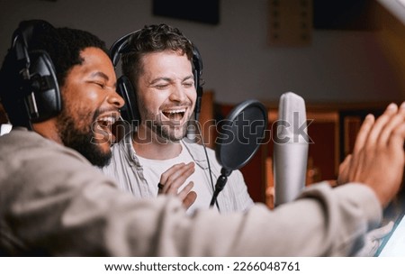 Team, men in recording studio singing and mic, sound equipment with music and artist, diversity and collaboration. Audio tech, headphones and musician with partnership, record label and creativity