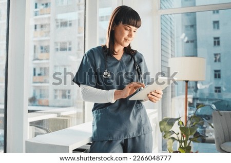 Healthcare, research and nurse tablet for clinic management, software data or digital results check. Doctor, woman or professional person on medical technology app for telehealth planning or solution Royalty-Free Stock Photo #2266048777