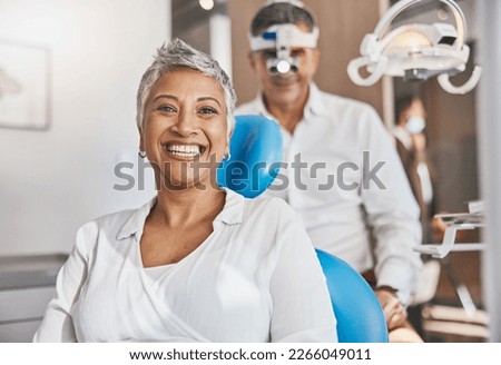 Portrait, happy and dental with a woman patient in a doctor office for oral hygiene or health. Smile, teeth and healthcare with a senior female sitting in a chair at the dentist for hygiene Royalty-Free Stock Photo #2266049011