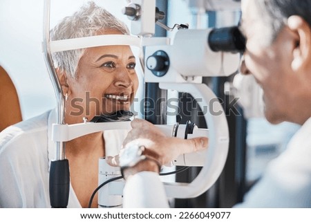 Senior woman, eye exam and optometrist with medical eyes test at doctor consultation. Vision, healthcare focus and old female patient with consulting wellness expert for lens and glasses check Royalty-Free Stock Photo #2266049077