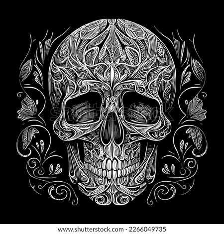 skull head illustration portrays a strikingly detailed and intricate image of a human skull, often used as a symbol of death and mortality in various cultures