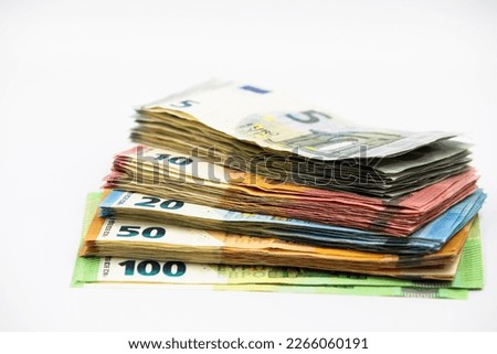 Pile of euro banknotes of 100, 50, 20, 10 and 5 euros. Royalty-Free Stock Photo #2266060191