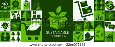 Sustainable and Ecology product and marketing vector illustration. Green idea with associated icons for shipping and delivery, sustainable procurement or purchasing, and eco-friendly online shopping. Royalty-Free Stock Photo #2266075133