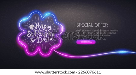 Hand Drawn Happy Saint Patrick's Day Chalk Lettering on Chalkboard Background with Neon Clover Leaf . Website template. Vector clip art.