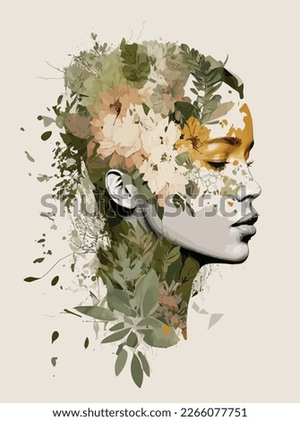 illustration of girl with flower  and leaves on her head. t-shirt print. vector isolated