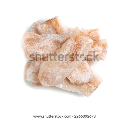 Frozen Fish Isolated, White Cod Fillet, Iced Hake Filet, Frozen Pollock Meat on White Background Top View