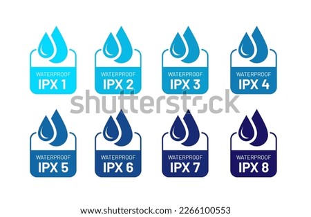 Waterproof ipx label set. Vector badge with drop of water symbol illustration. Rainproof standard material protection. Royalty-Free Stock Photo #2266100553