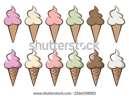 ice cream - set of soft serve ice creams with different flavours in a cone, color vector illustration isolated on white background
