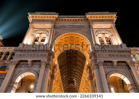 The Galleria Vittorio Emanuele II is Italy's oldest active shopping gallery and a major landmark of Milan. Named after the first king of Italy. Royalty-Free Stock Photo #2266109141