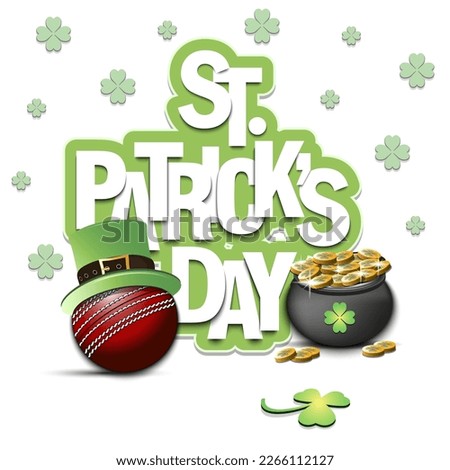 Happy St. Patrick's day. Cricket ball in leprechaun hat, pot with gold coins and clover. Pattern design for logo, banner, poster, greeting card. Vector illustration on isolated background