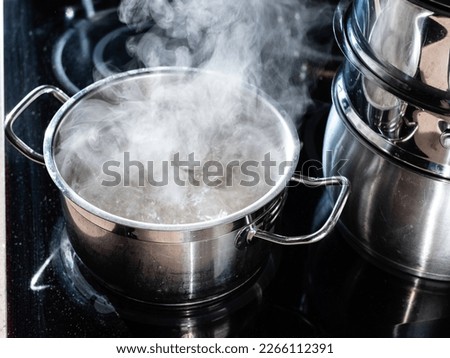 steel pot of boiling water on ceramic stove in home kitchen Royalty-Free Stock Photo #2266112391
