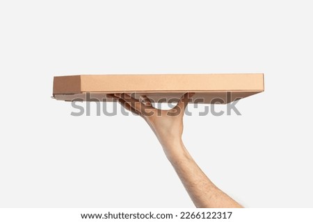 male hands with pizza box isolated on white background
