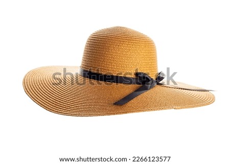 Womens summer yellow straw hat with black ribbon on white background Royalty-Free Stock Photo #2266123577