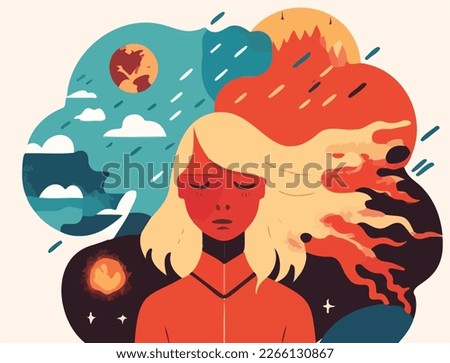 Climate anxiety and crisis vector illustration. Perfect for illustrating psychological distress and the effect because of natural disasters, forest fires, and global warming issues. Eco concept Royalty-Free Stock Photo #2266130867