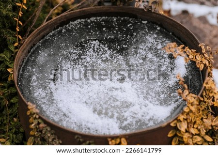 Frozen water, ice with snow in a rusty steel barrel in the garden close-up. Photography, nature.