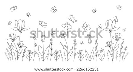 Beauty floral pattern on the white background. Meadow with abstract flowers and flying butterflies. Black silhouette. Decorative element in minimalist style. Vector illustration botanical art.