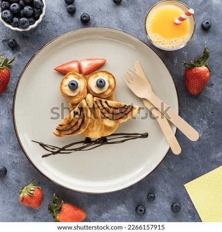 Homemade keto diet pancakes in the shape of an owl served with fruit and juice.