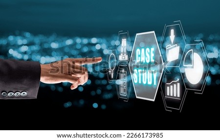 Case Study Education concept, Business hand touching case study icon on virtual with blue bokeh background, Analysis of the situation to find a solution. Royalty-Free Stock Photo #2266173985