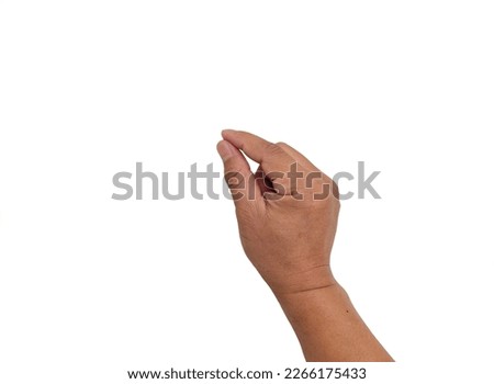 Blank hand of person showing in various gestures, picks or holding things, holding hands, paper, card, coin, money, writing, small size, large size, isolated on white background and practical concept